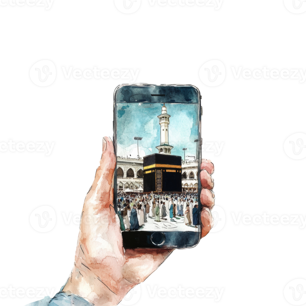 A Hand Holds A Phone Showing The Kaaba In Mecca png