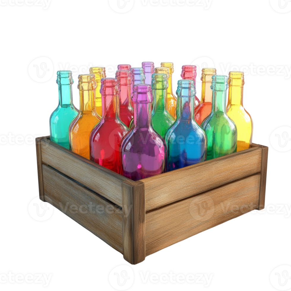 Colorful glass bottles in a wooden crate. cut out png