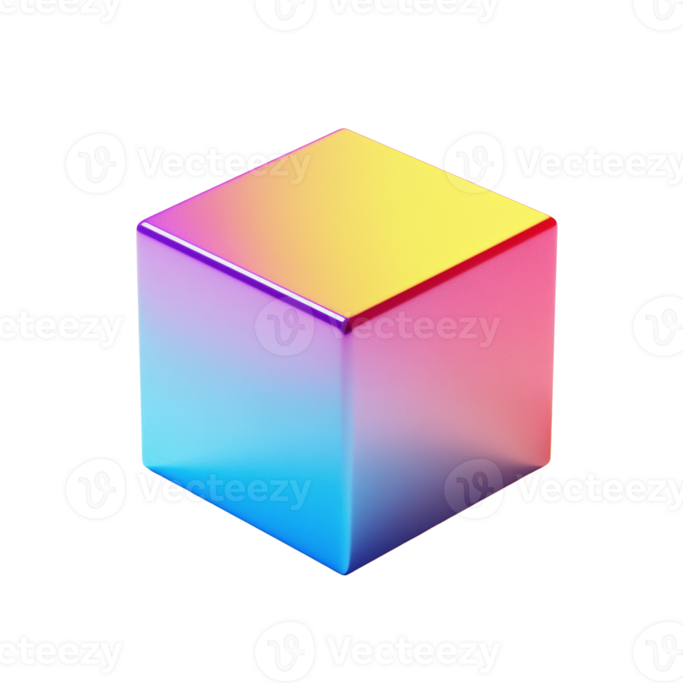 A vibrant iridescent cube floats against a dark background png