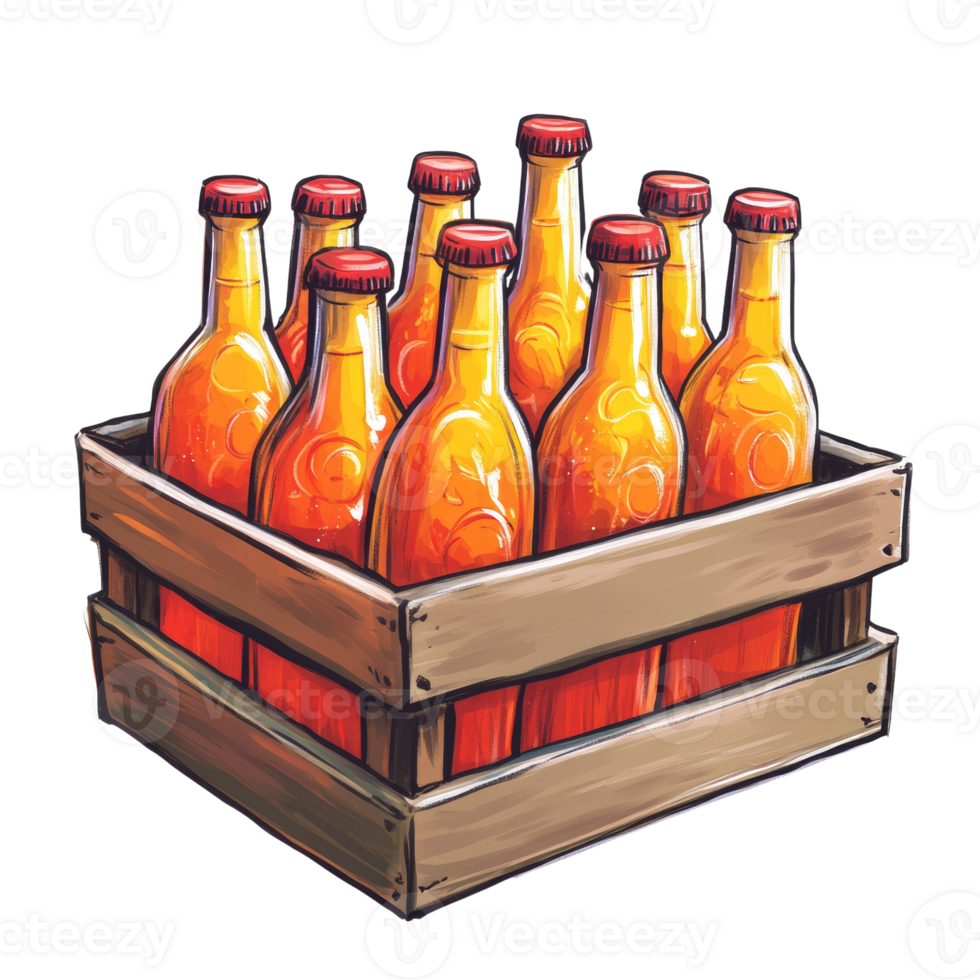 Wooden Crate Filled With Amber Glass Bottles png