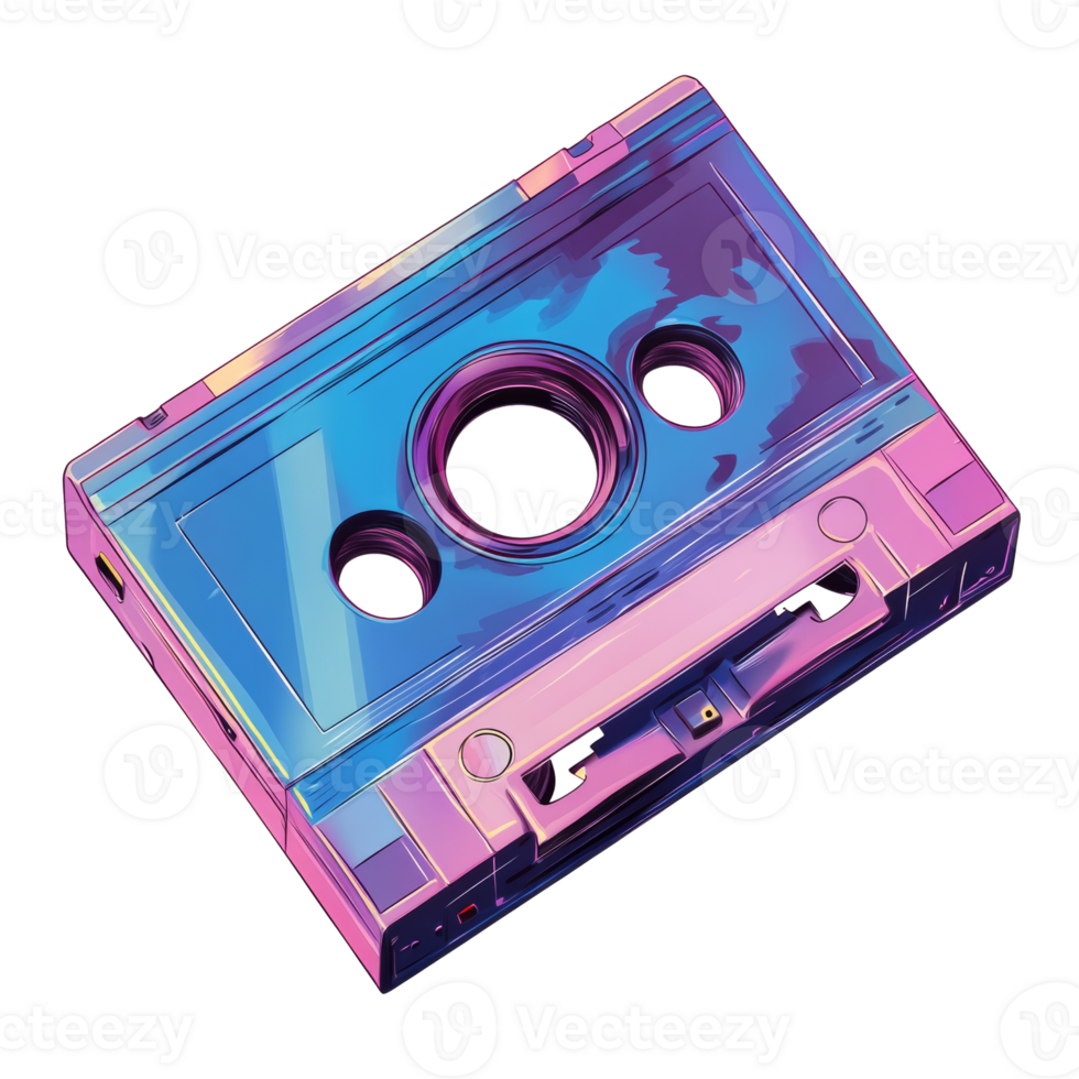 A vibrant iridescent cassette tape floats against a black background png