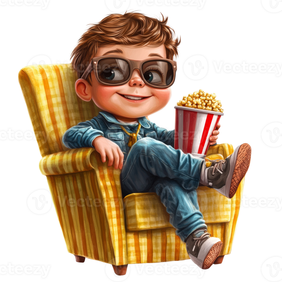 Cool Boy Relaxing in Chair Enjoying Popcorn png