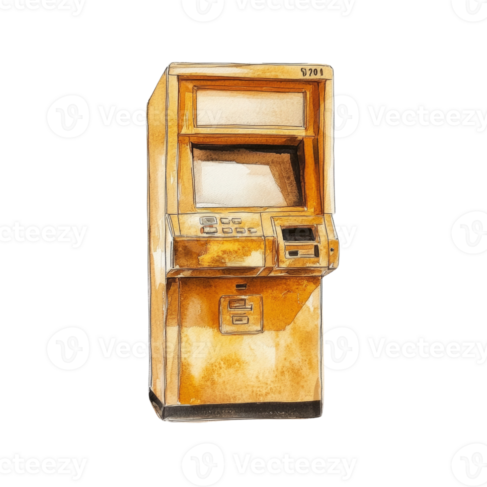 Watercolor Painting of a Vintage ATM Machine png