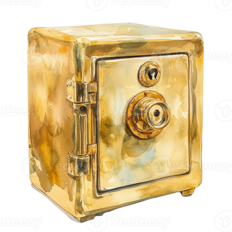 Watercolor Painting Of A Gold Metal Safe Box png