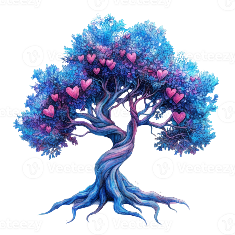 A whimsical blue tree adorned with pink hearts png