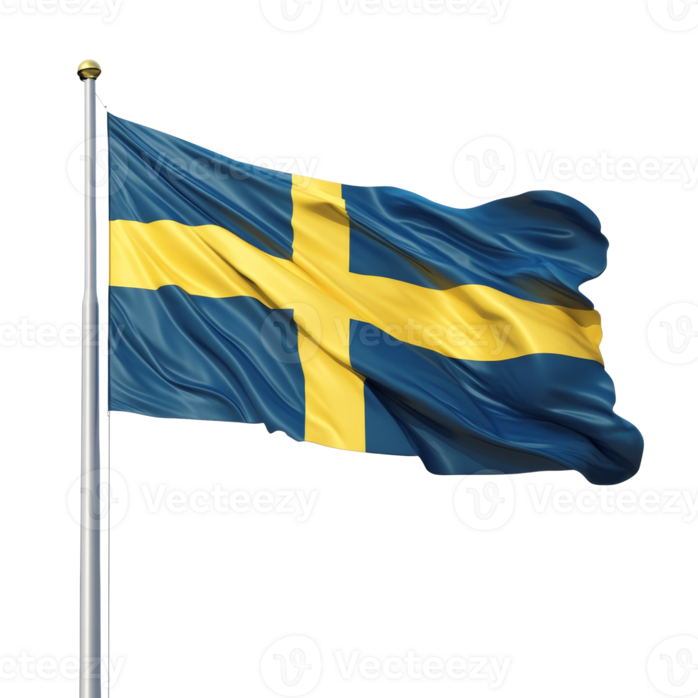 A Swedish flag waving on a flagpole against a black background png