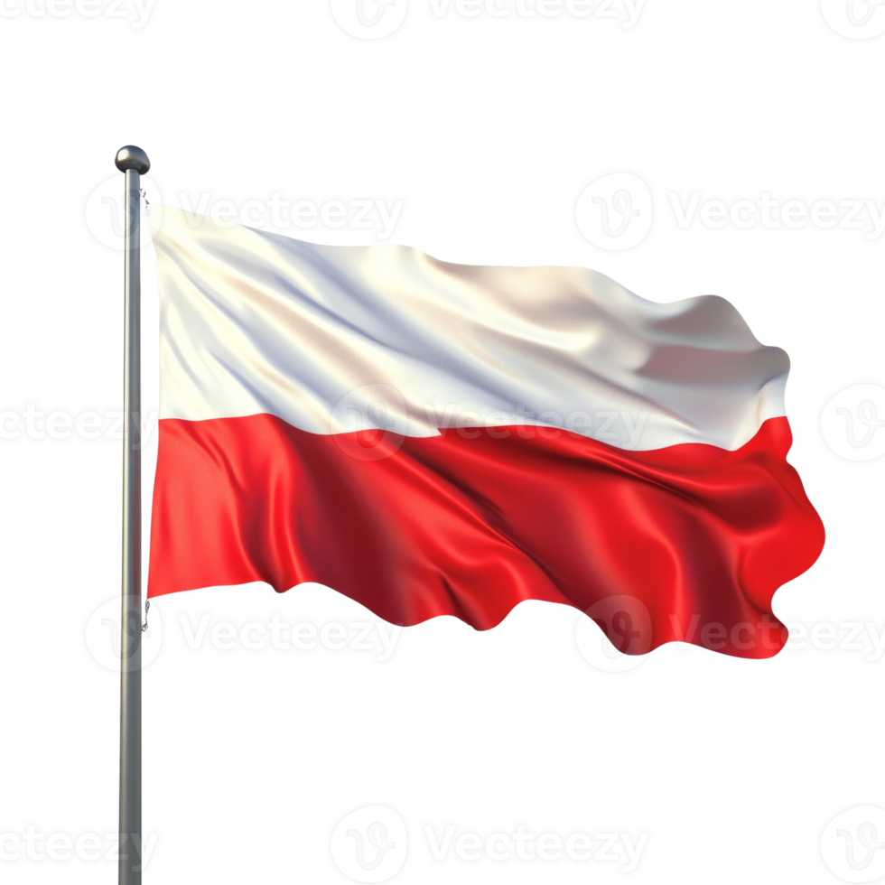 A Polish flag waving on a flagpole against a black background png