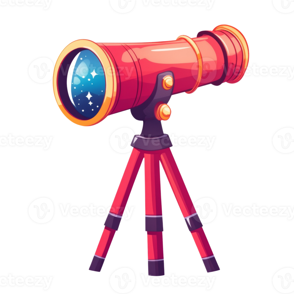 A red telescope on a tripod shows stars in its lens png