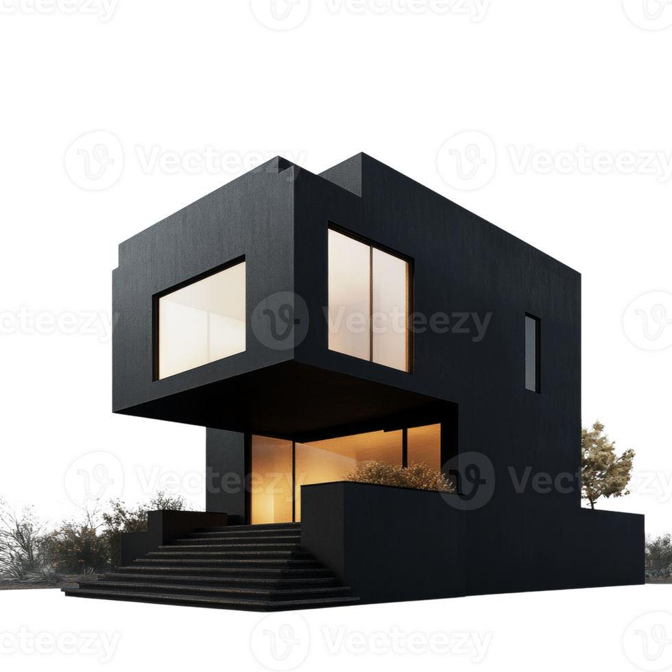 Modern Black Cube House Design With Steps png