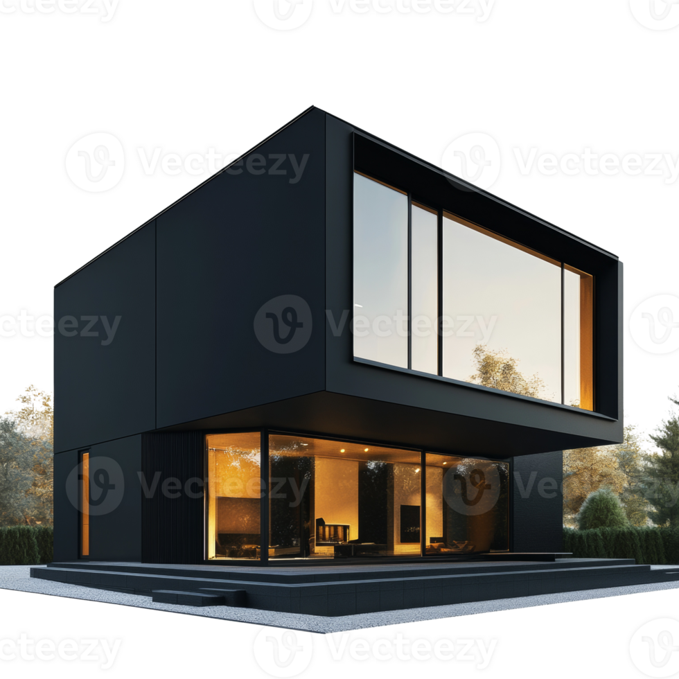 Modern Black Cube House Design With Large Windows png