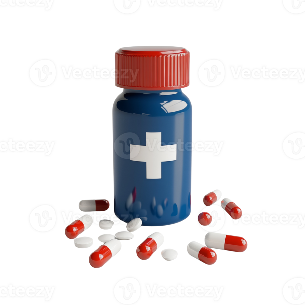 Medicine bottle with red and white pills scattered around png