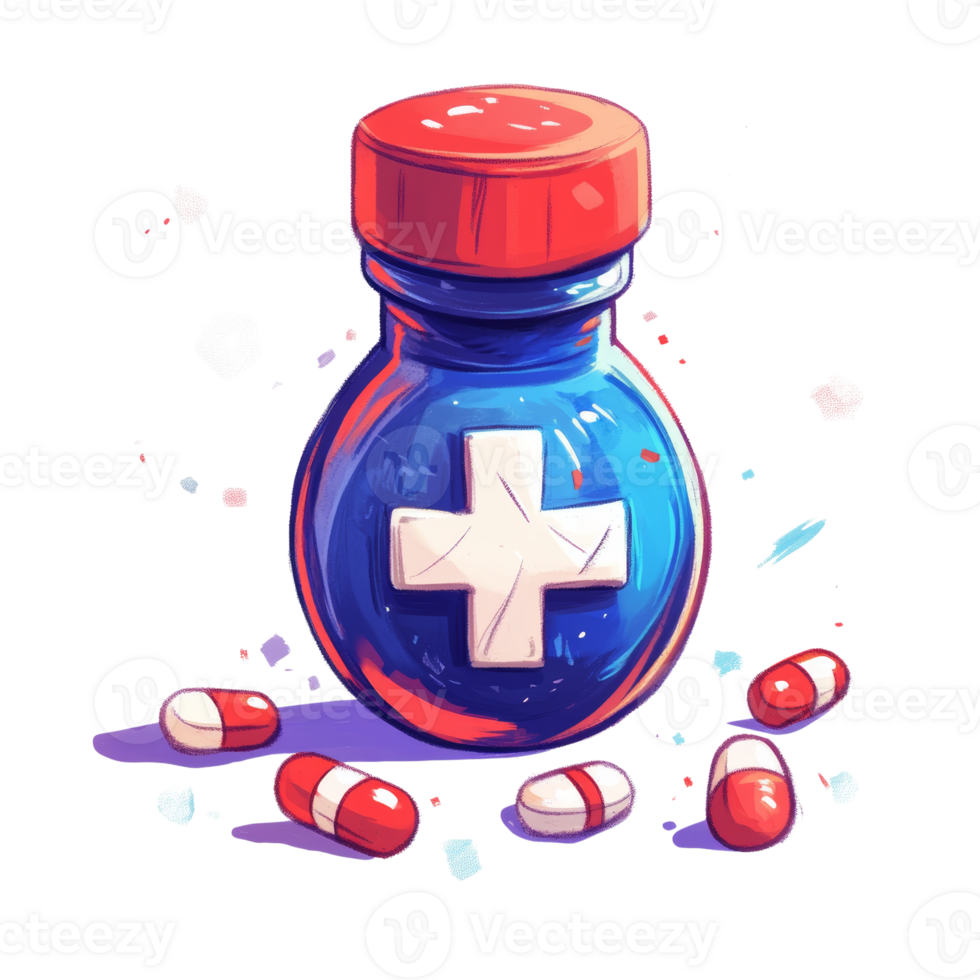 Colorful Medicine Bottle with Pills Scattered Around png