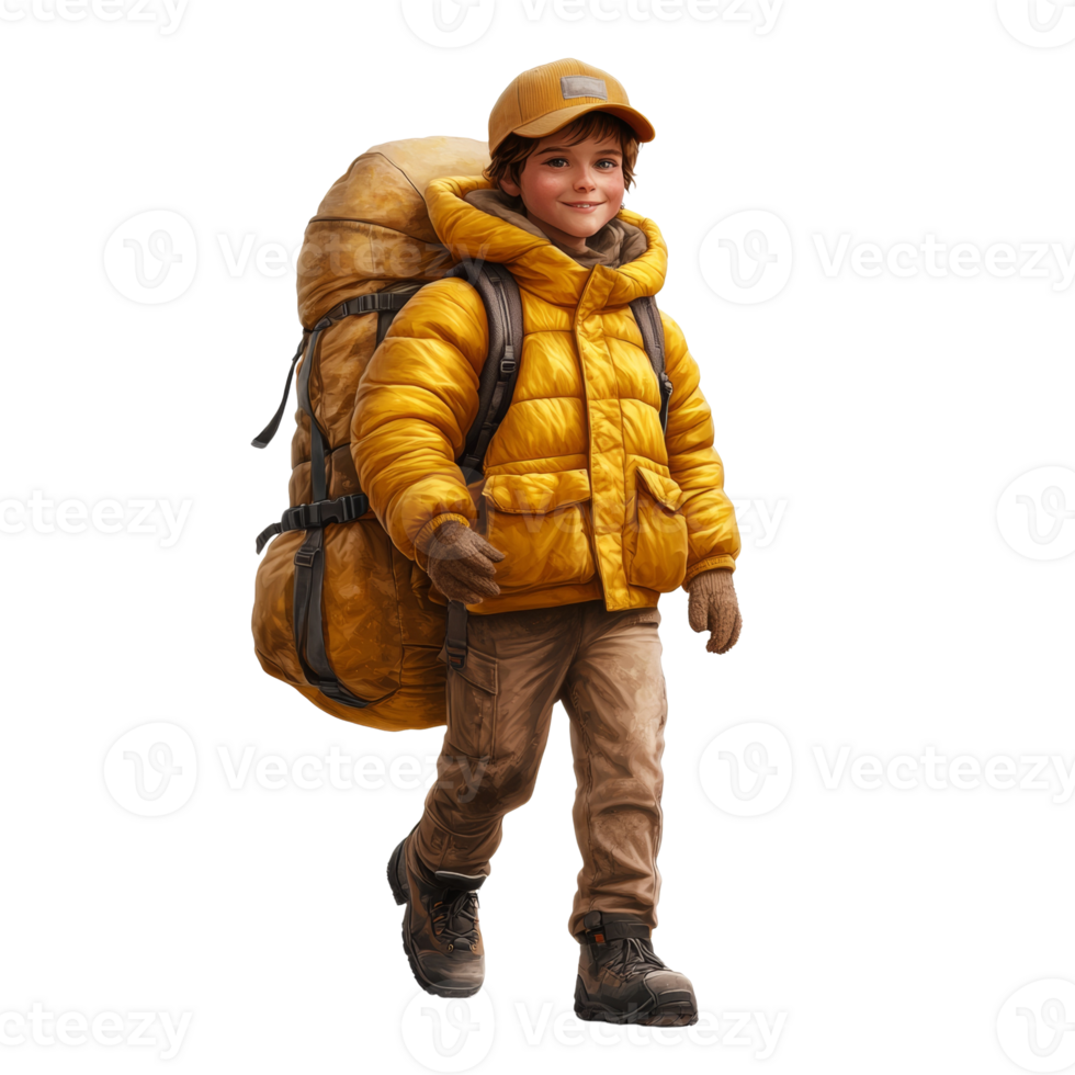 jovem Garoto caminhada com ampla mochila ao ar livre png