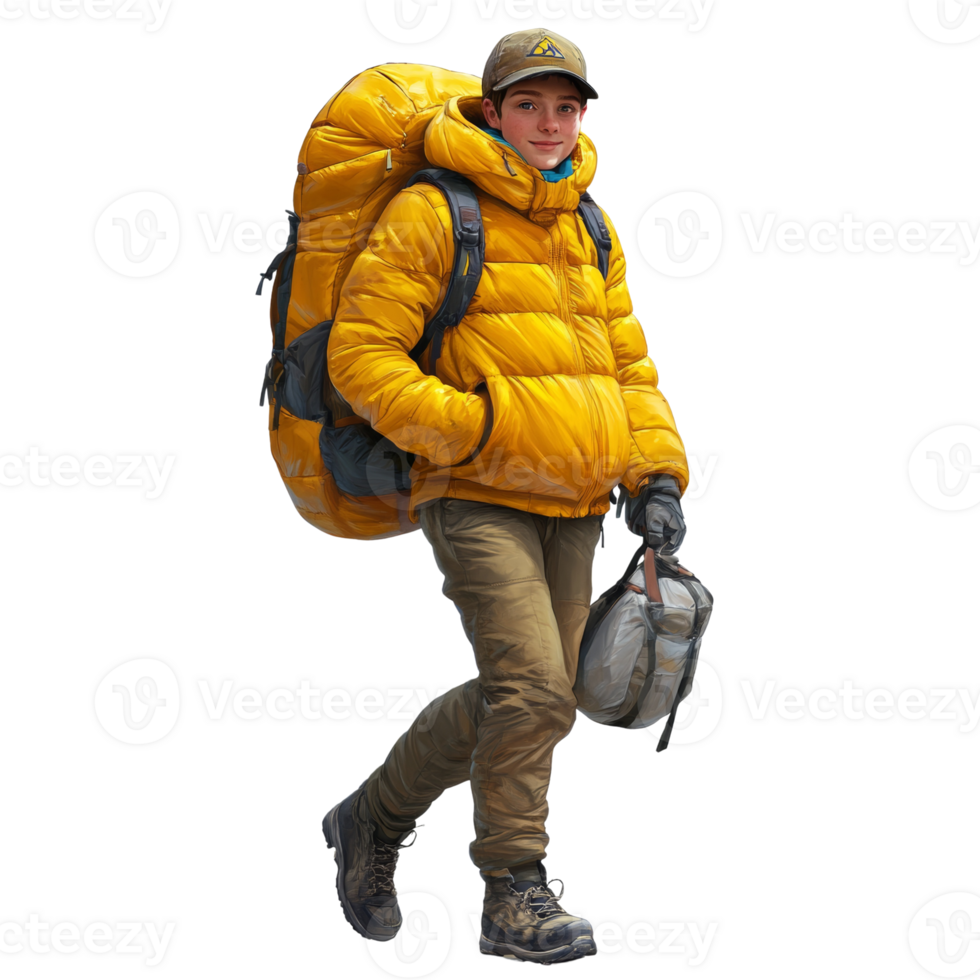 Young Adventurer Walking With Backpack And Bag png