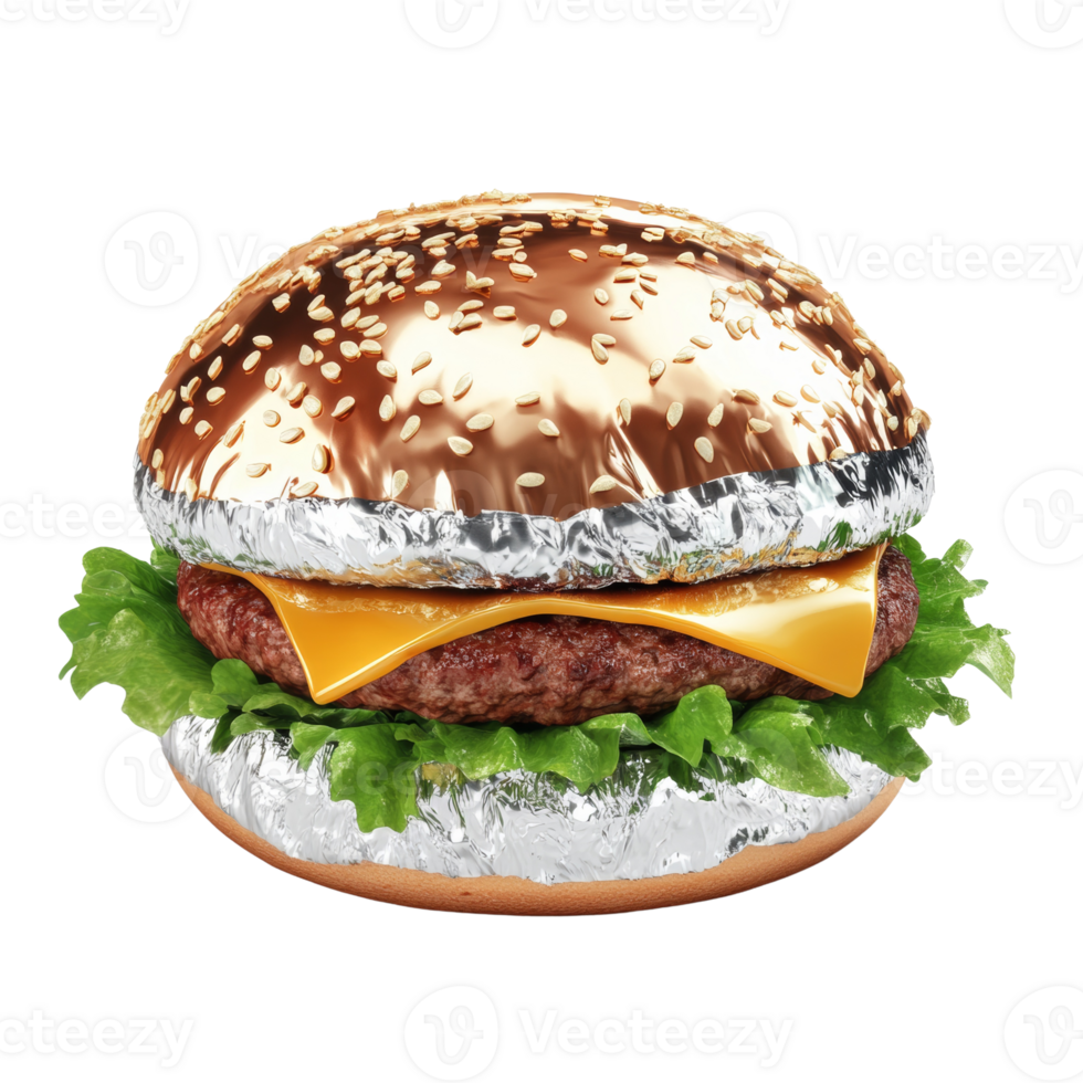 A Gold Foil Wrapped Gourmet Burger With Lettuce and Cheese png