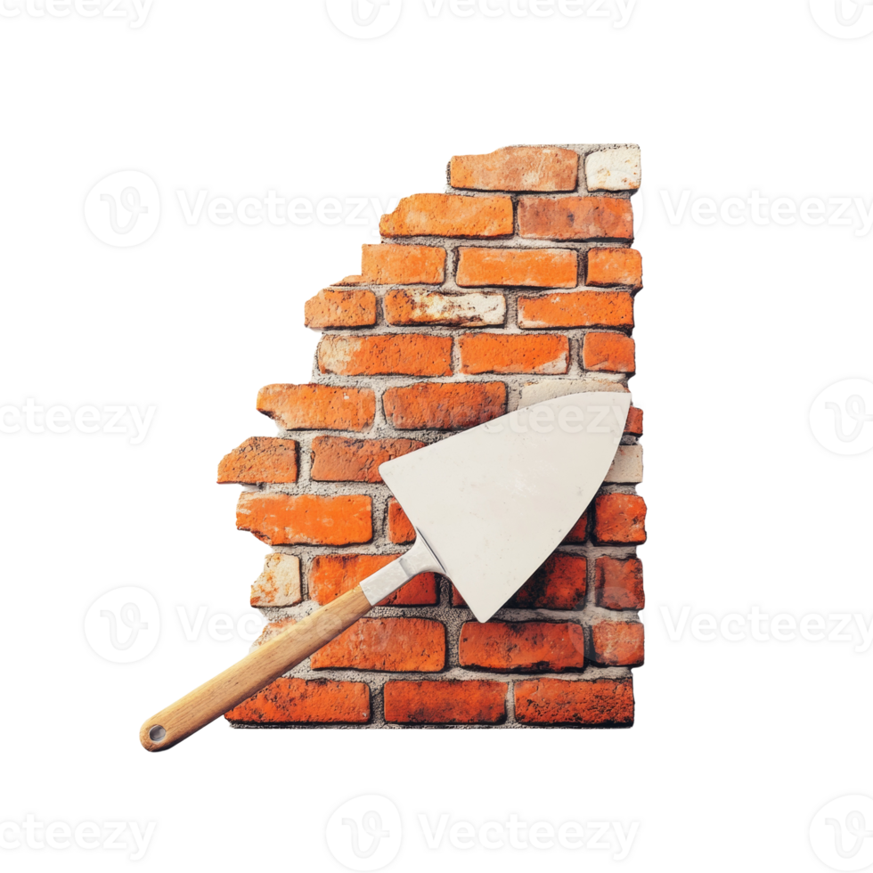 Brick wall fragment with a trowel for repair work png