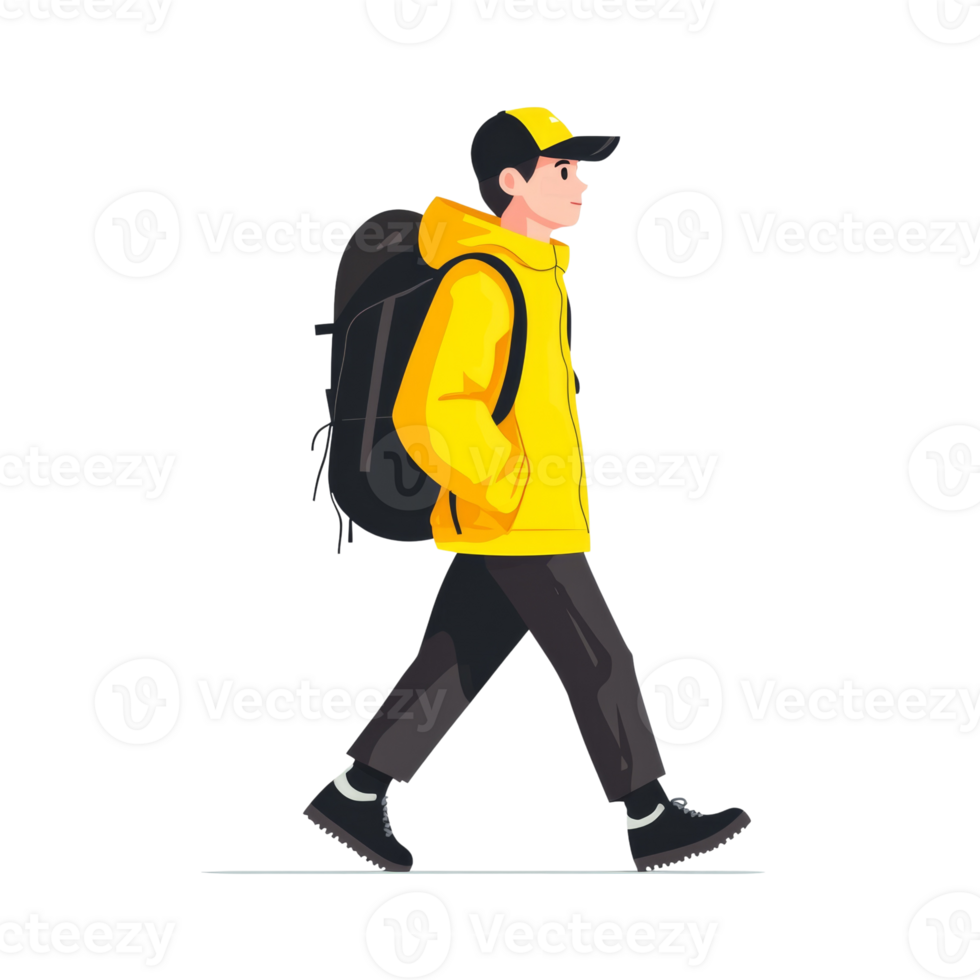 Young Man Walking With Backpack Wearing Yellow Jacket png
