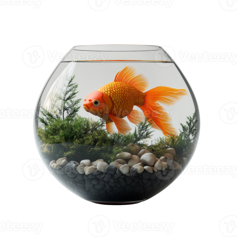 A vibrant goldfish swims in a round glass bowl png
