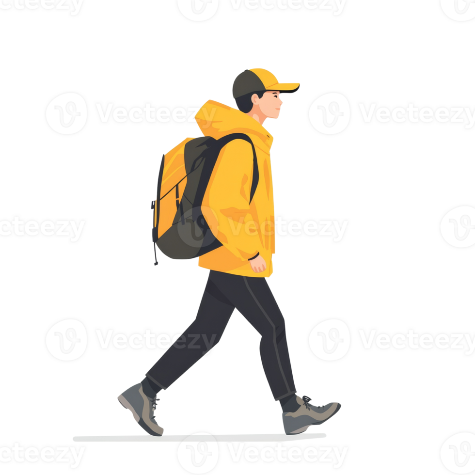 A young man walks wearing a yellow jacket and backpack png