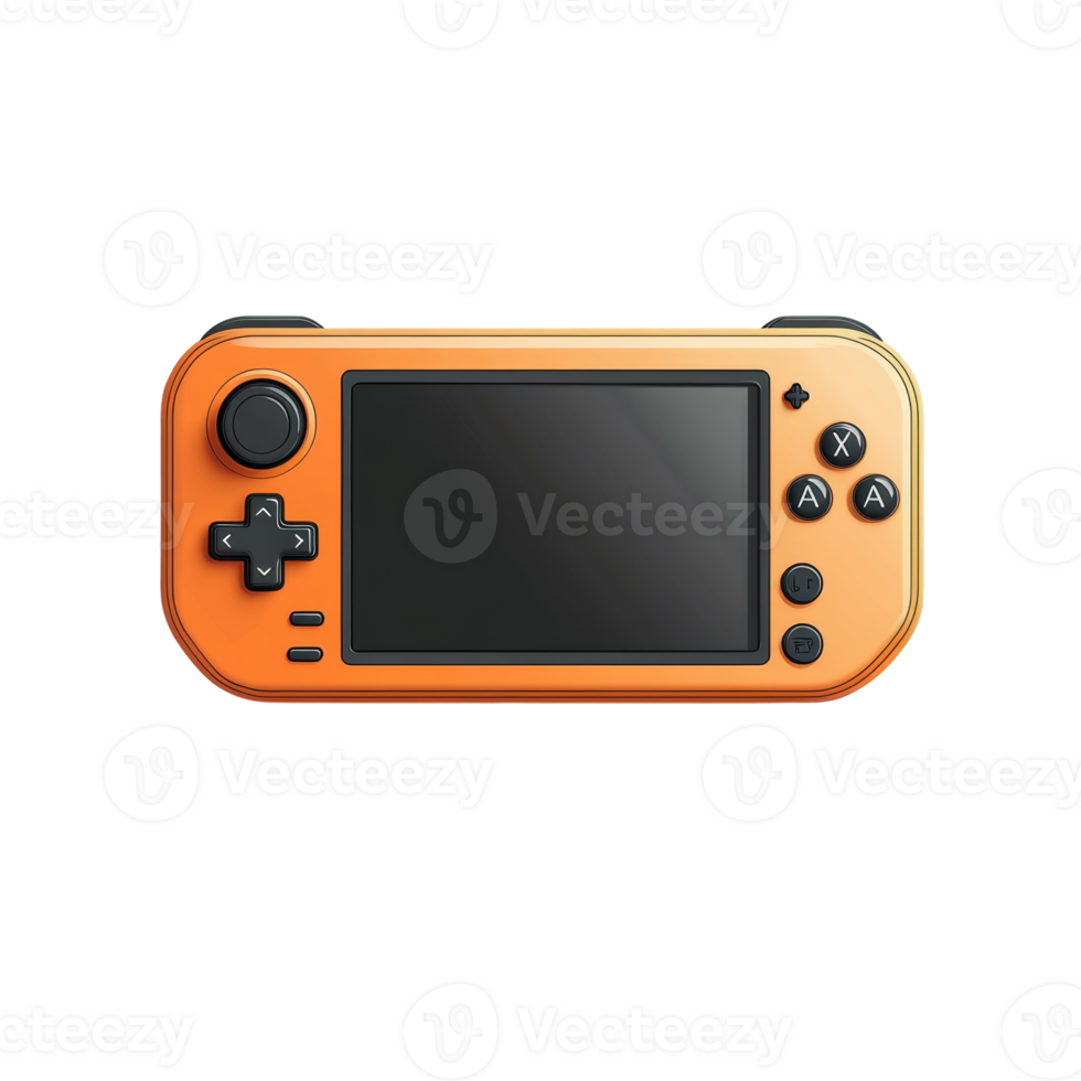 Orange handheld gaming console with screen and buttons png