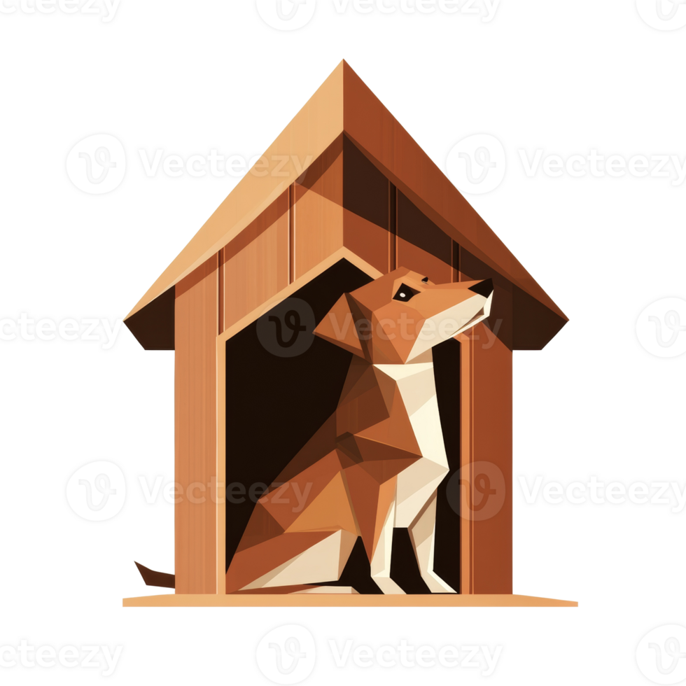 A Low Poly Dog Rests Inside Its Wooden House png