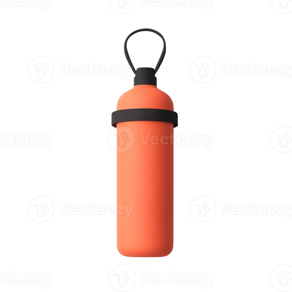Coral colored water bottle with black accents and a loop png