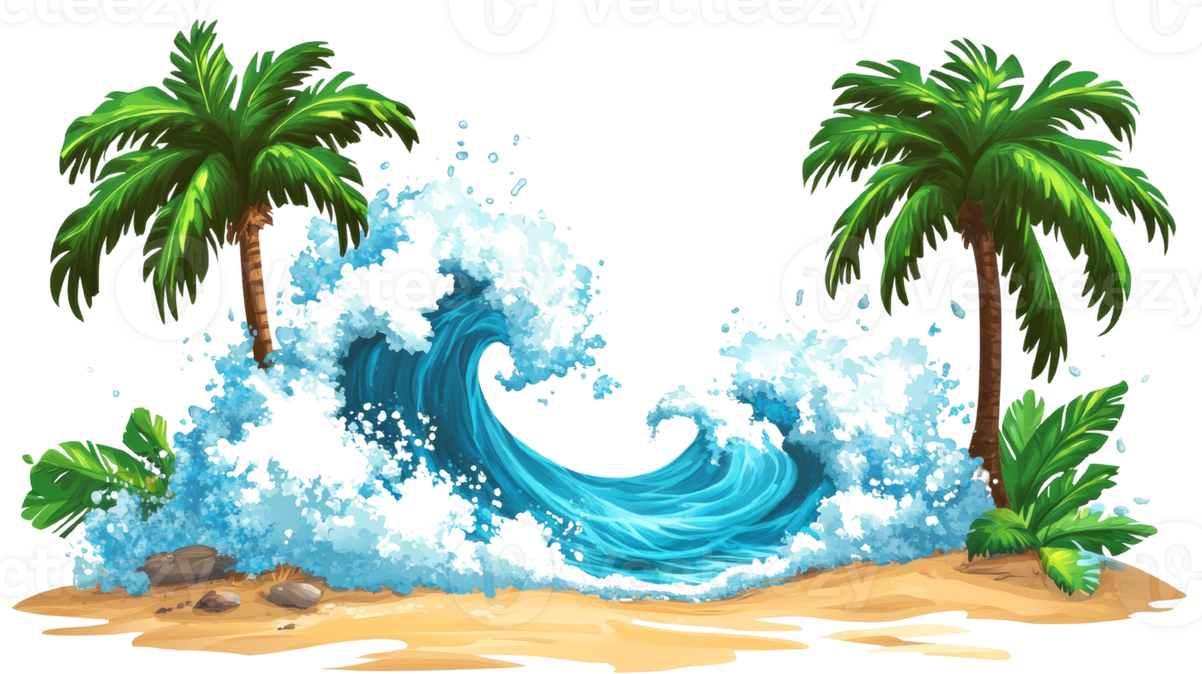 Tropical Beach Scene With Large Ocean Wave Crashing png