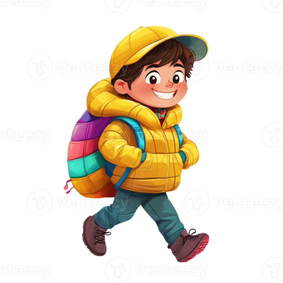 Happy Boy Walking With Backpack And Yellow Jacket png