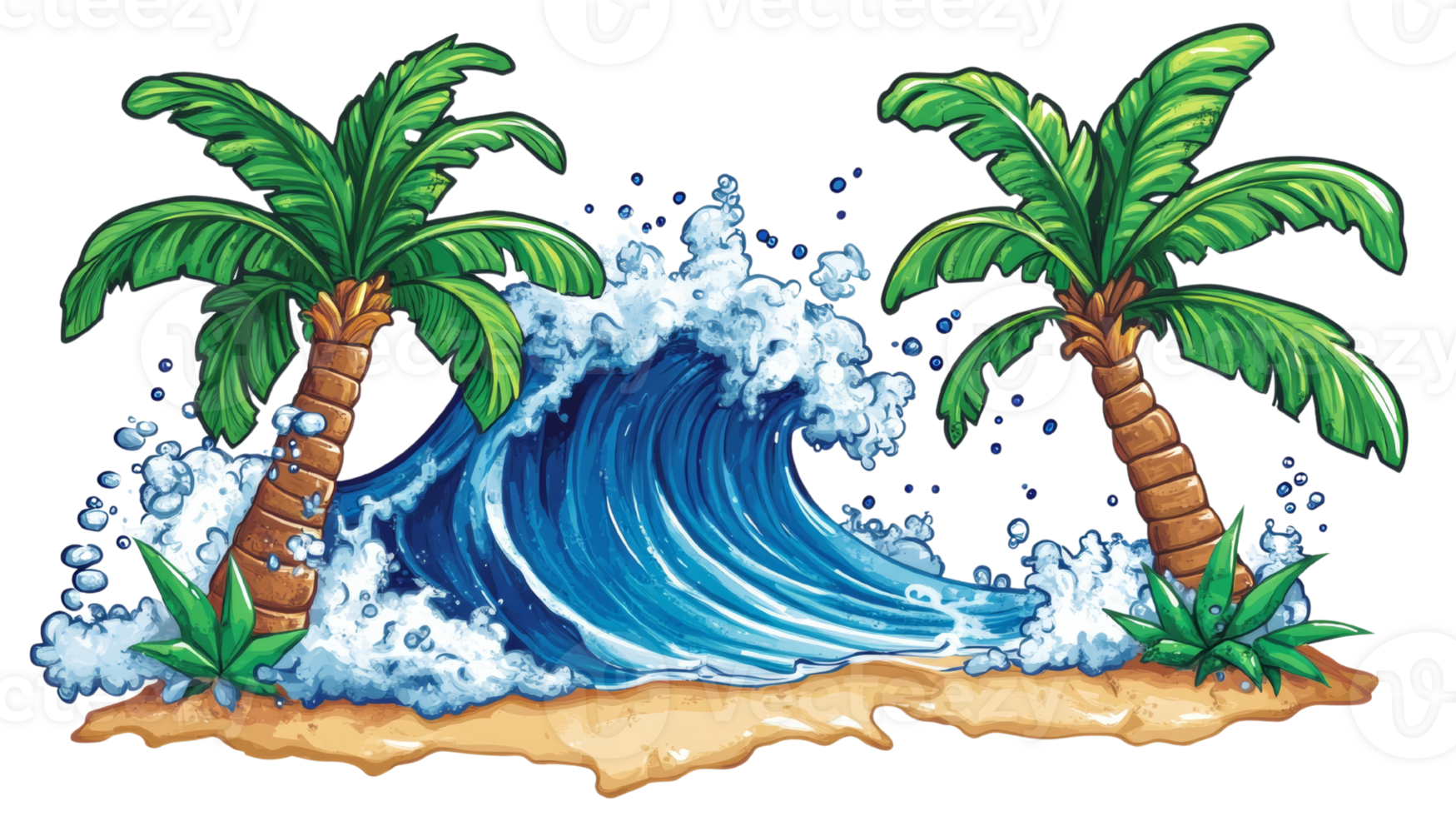 Tropical Paradise Wave Crashing Near Palm Trees png