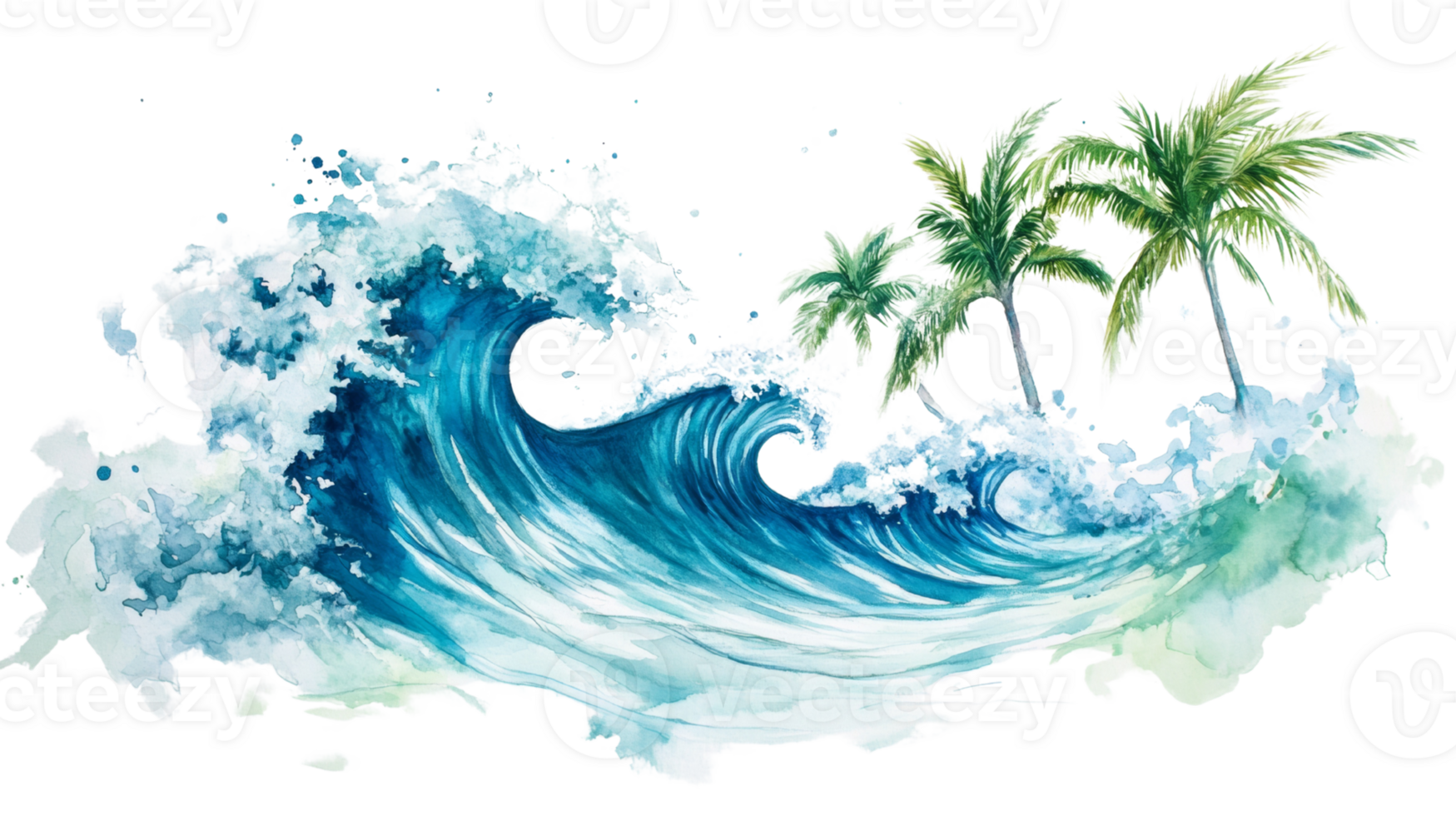 Watercolor Painting of Ocean Waves and Palm Trees png