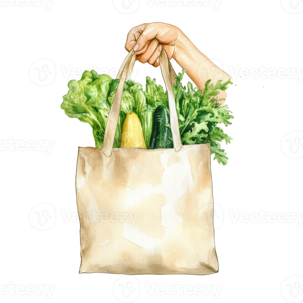 Hand holding a paper bag filled with fresh green vegetables png