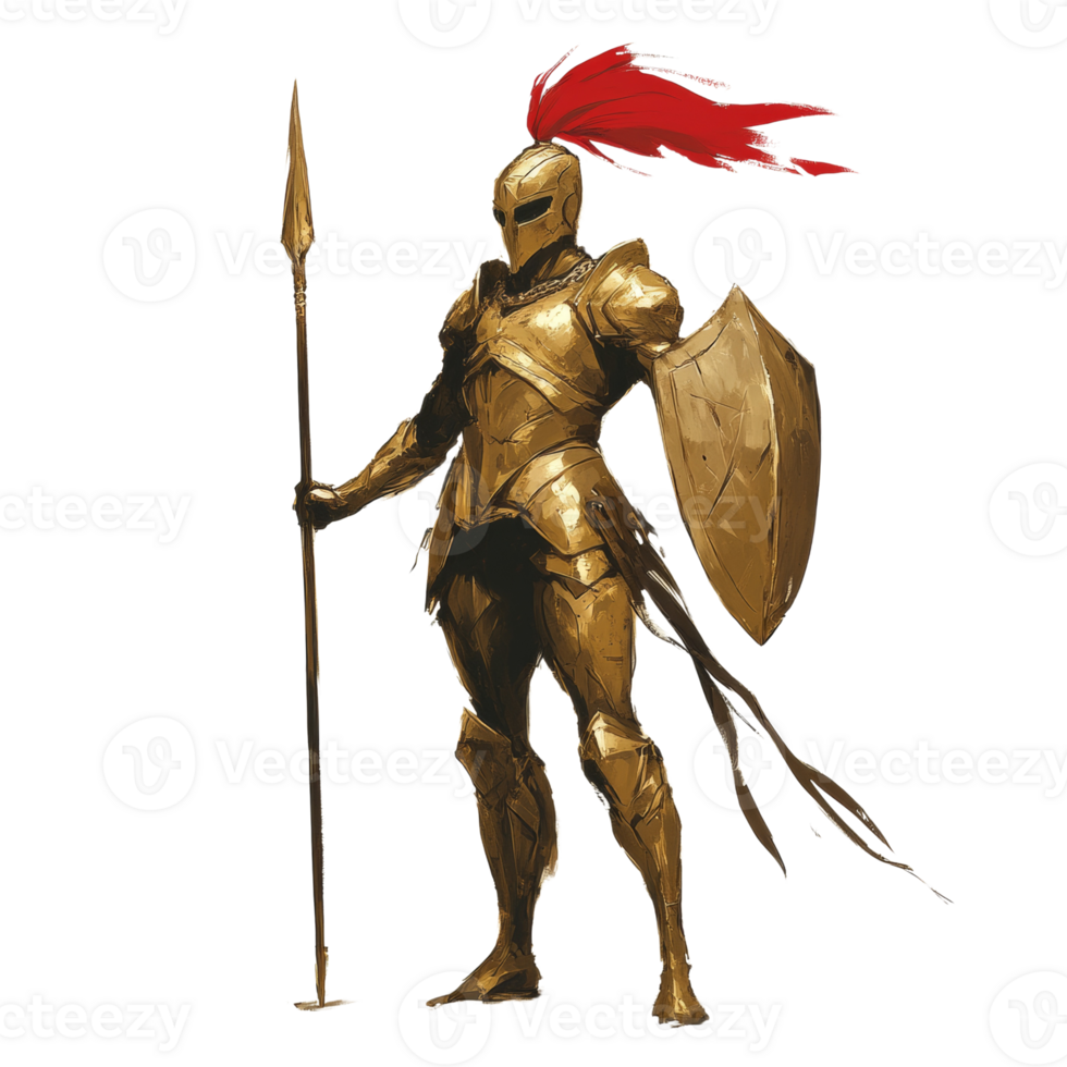 Golden Armored Warrior With Spear And Shield. cut out png