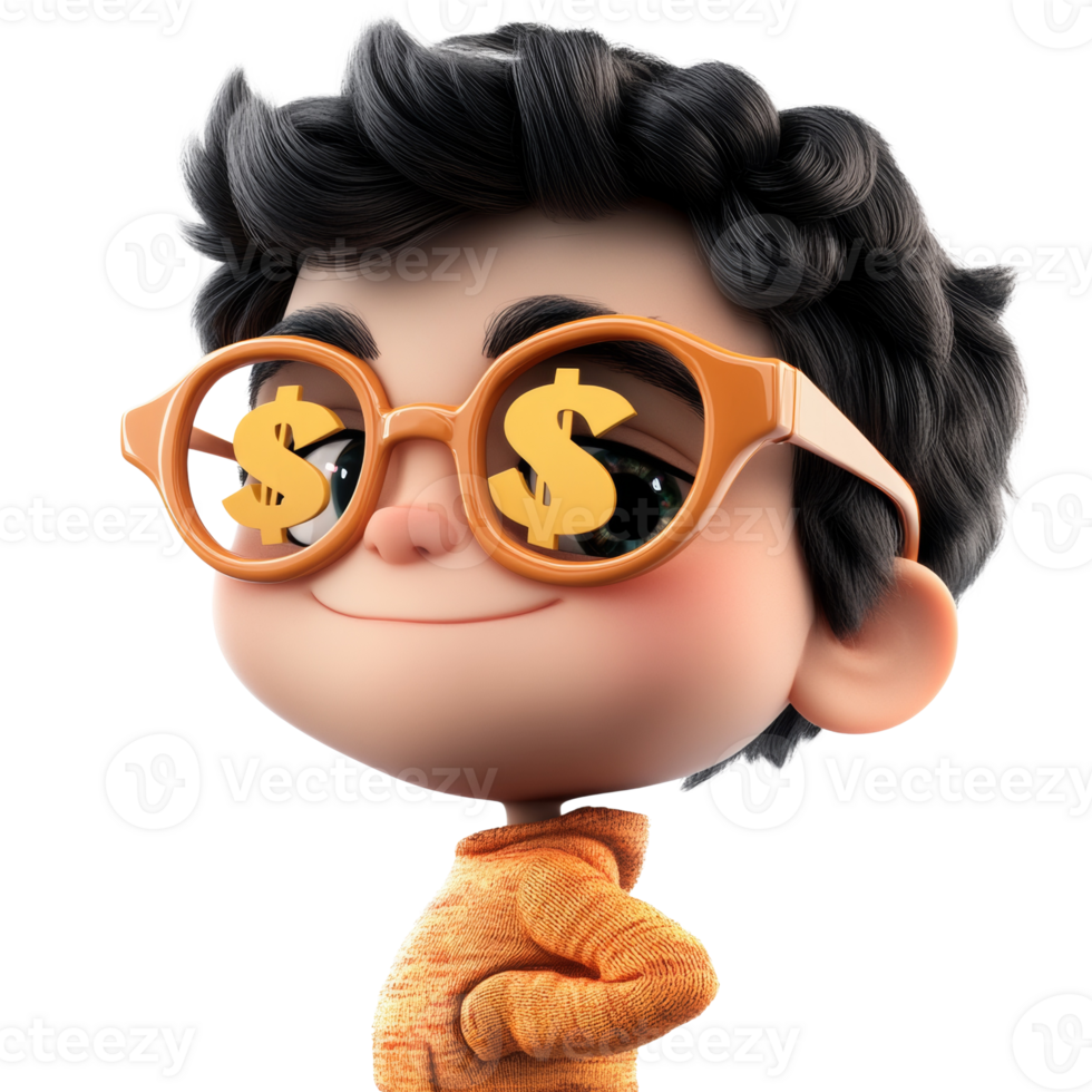 A Cartoon Boy Wearing Dollar Sign Glasses. isolated png