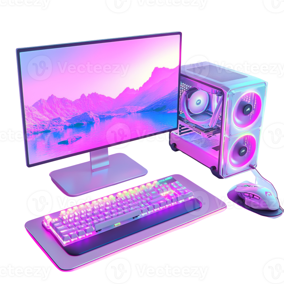 Vibrant Pink Gaming Setup With Computer Monitor Keyboard and Mouse png