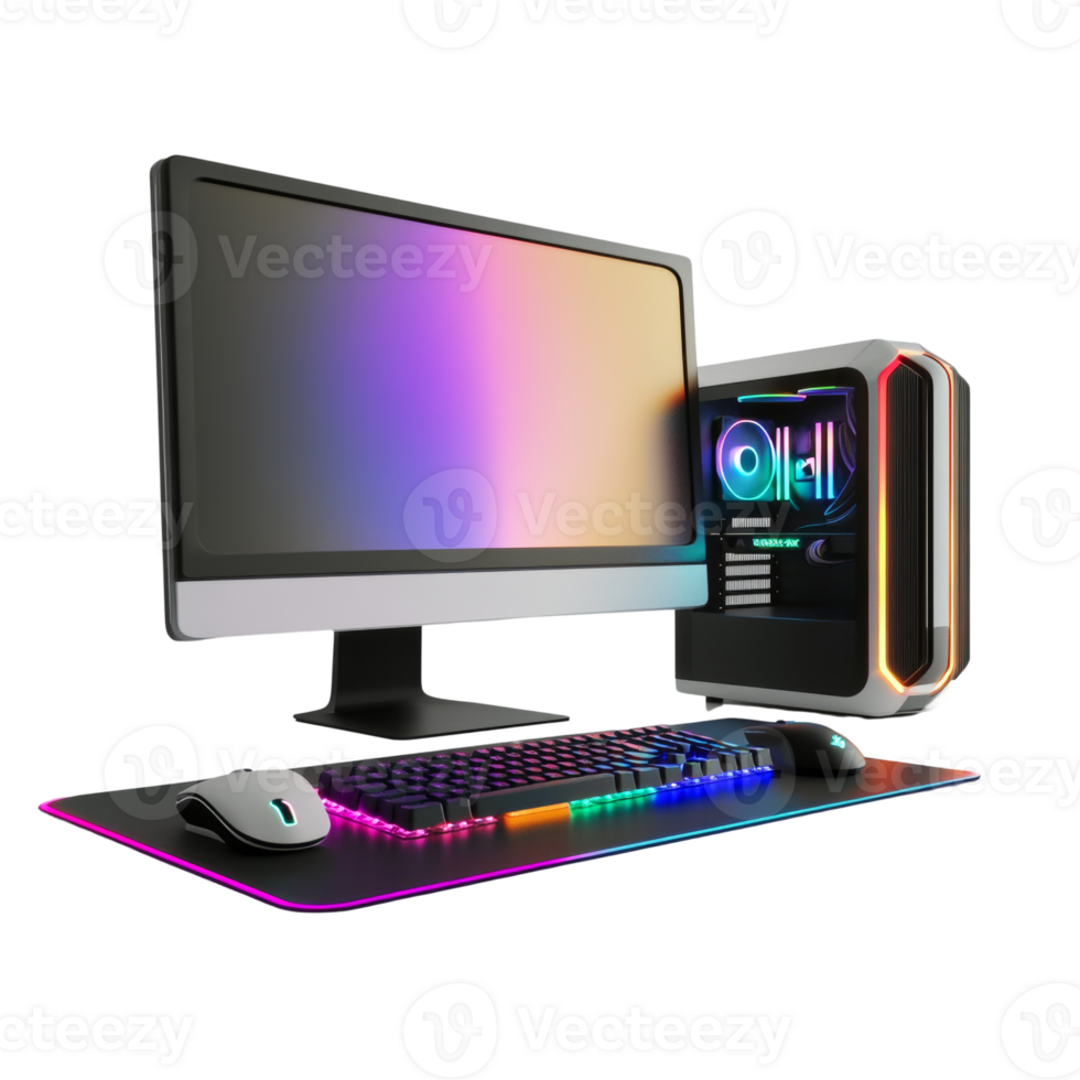 Modern RGB Gaming Computer Setup With Accessories png