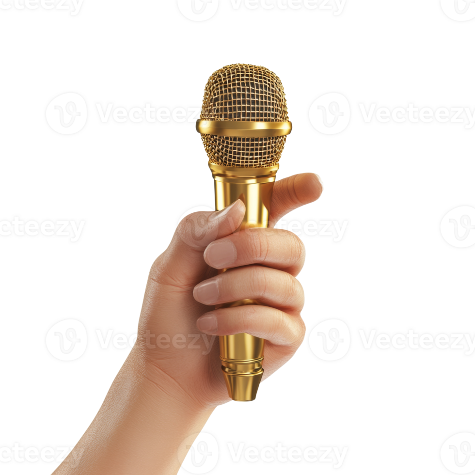 A golden microphone held in a hand against a black background png