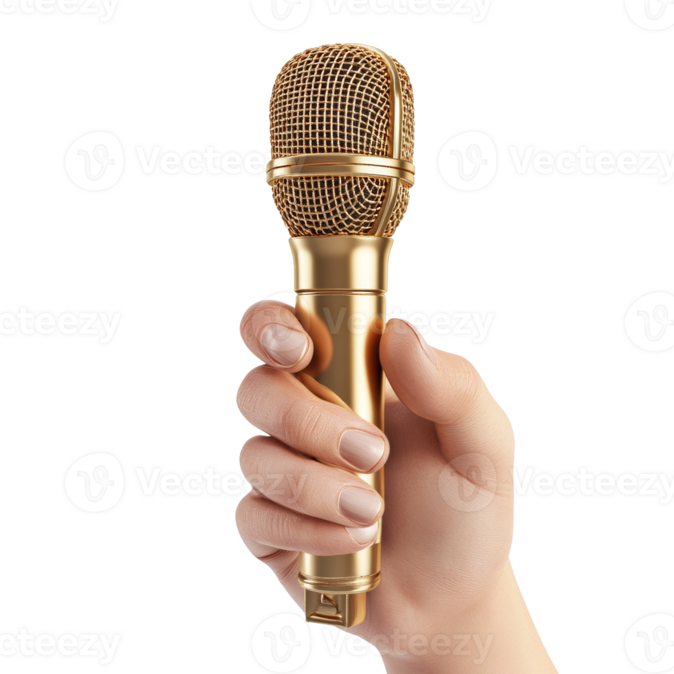 A golden microphone held in a hand png
