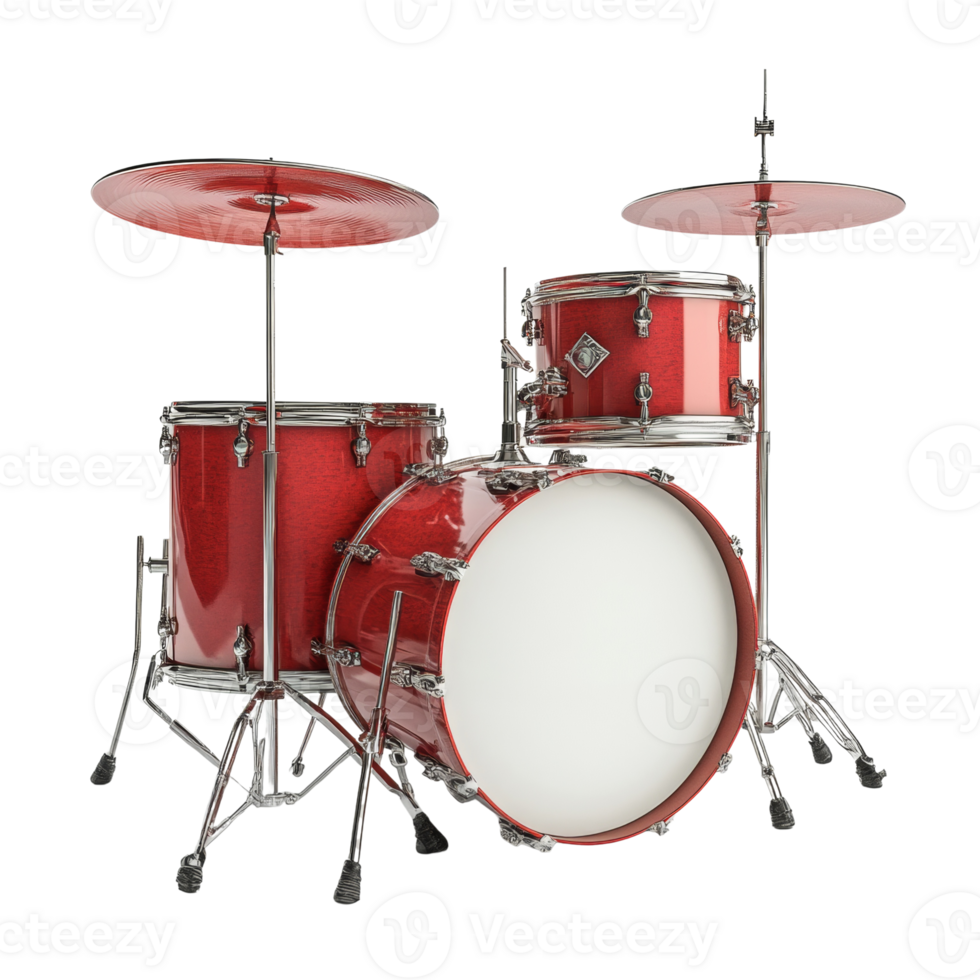 Red drum kit with cymbals set for music performance png
