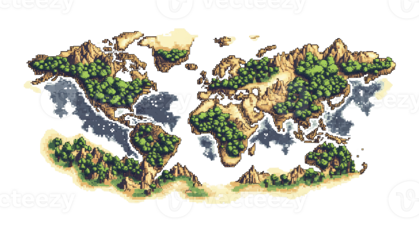 Pixelated World Map Showing Lush Green Forests and Brown Mountains png