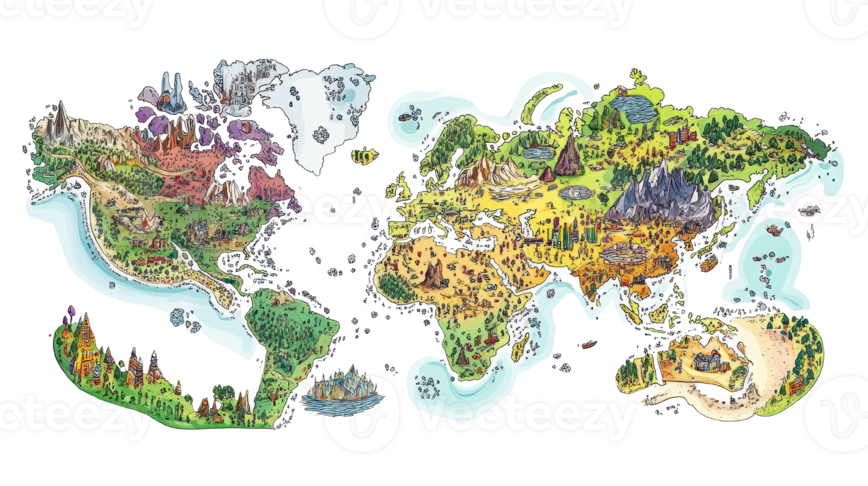 Whimsical Illustrated World Map Showing Diverse Landscapes And Cultures png