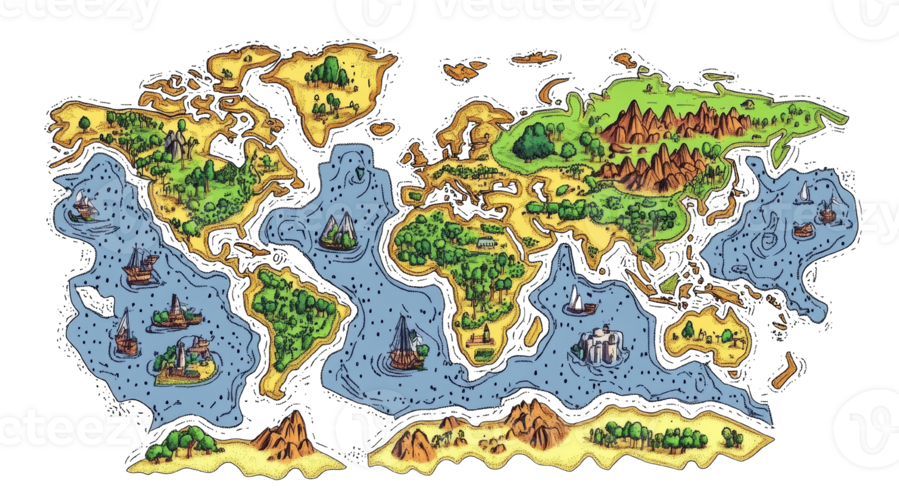 A whimsical hand drawn world map showing ships and islands png