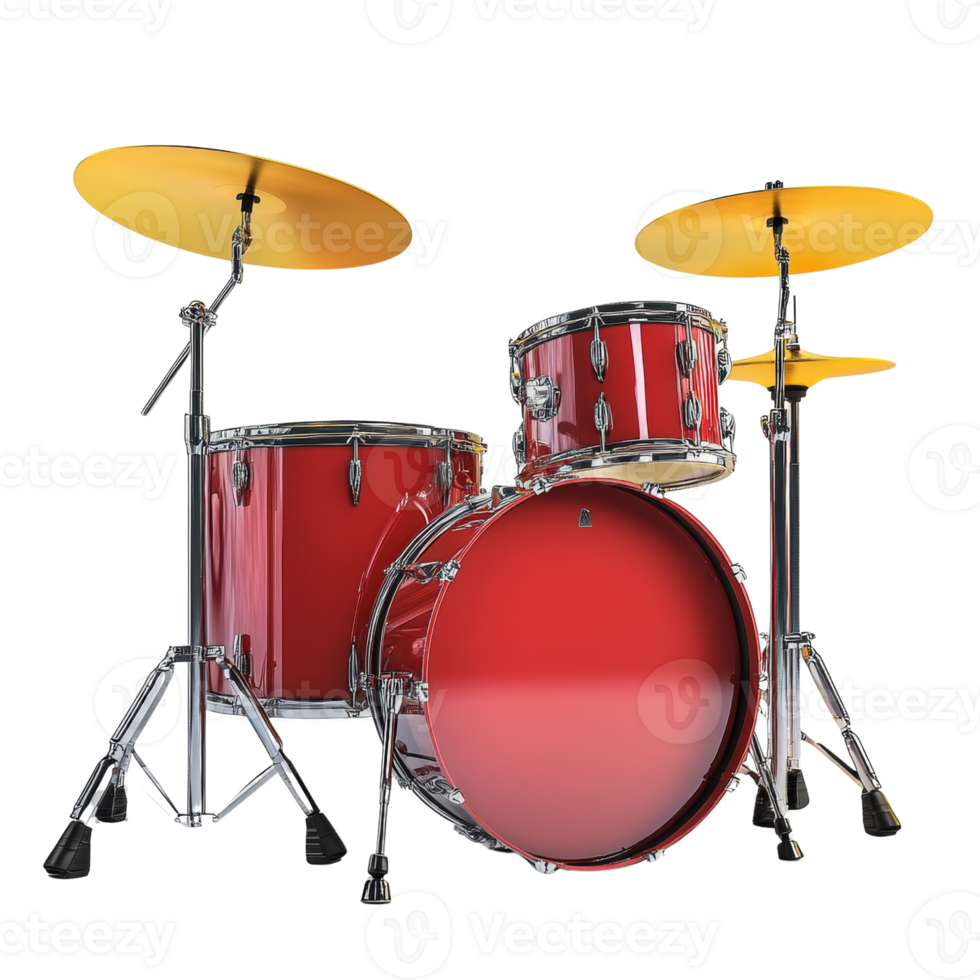 Red Drum Kit With Yellow Cymbals Ready For A Performance png