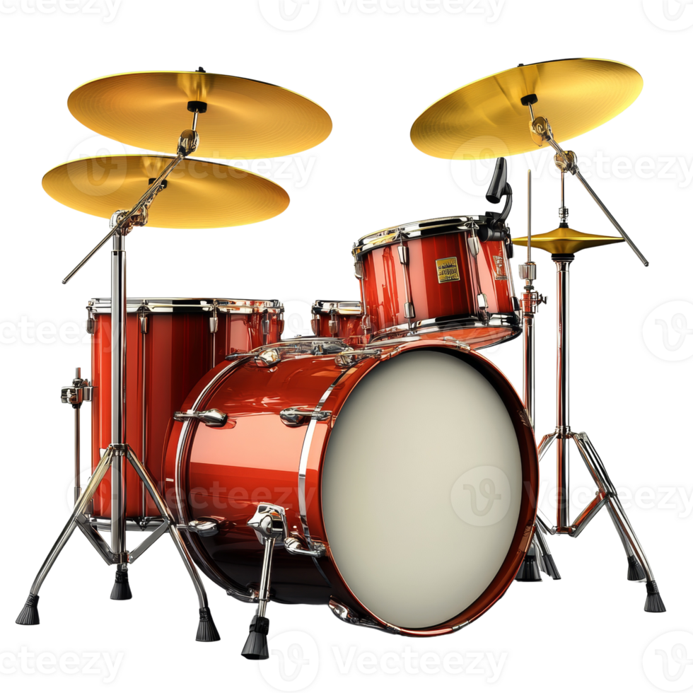 Red drum kit with gold cymbals ready for a performance png