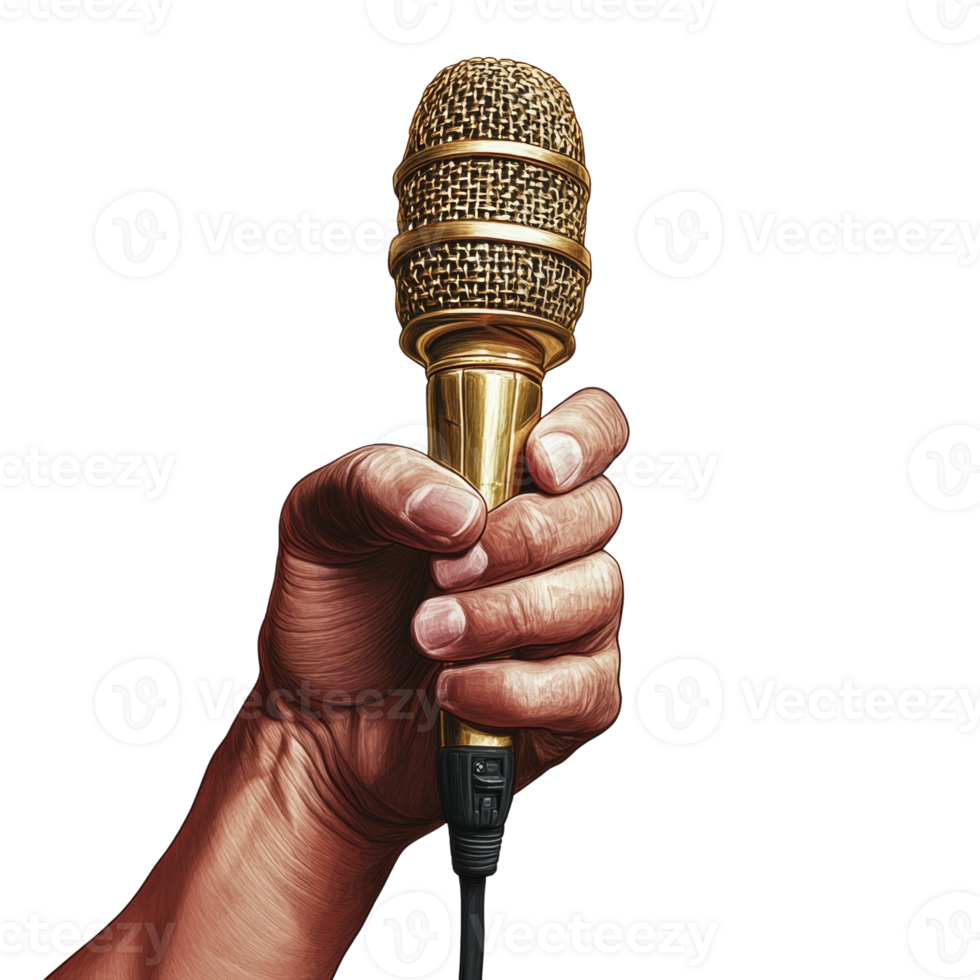 A hand firmly grips a golden microphone png