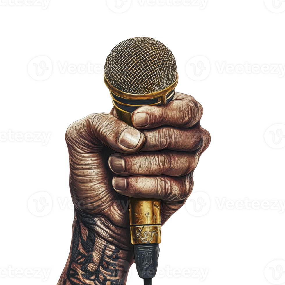 A tattooed hand firmly grips a golden microphone png