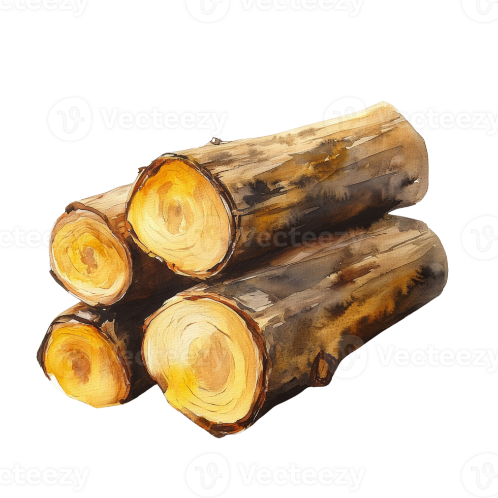 Watercolor Painting of Stacked Wooden Logs. cut out png