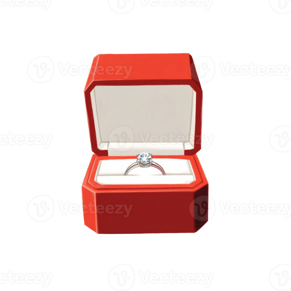 Diamond ring in a red jewelry box. isolated png