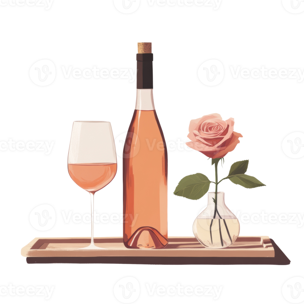 Rose wine bottle glass and single rose on tray png
