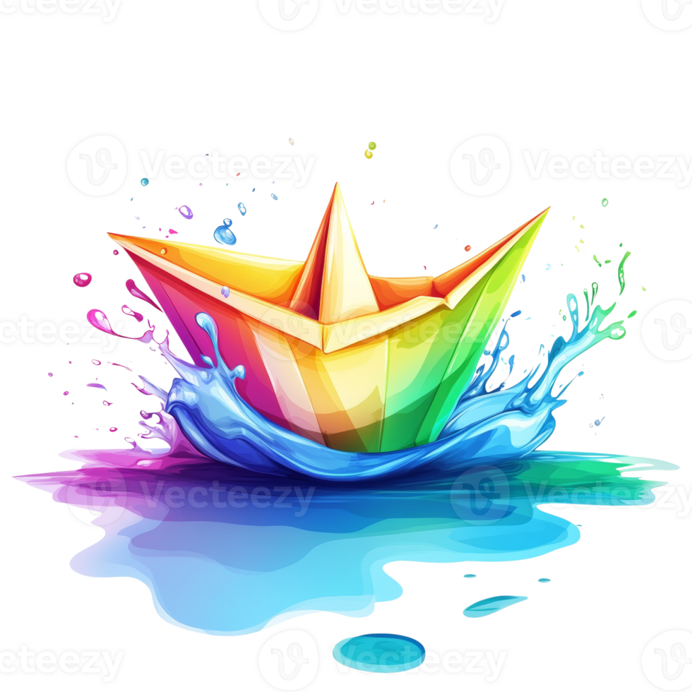 Rainbow Origami Boat Sailing on Colorful Water png