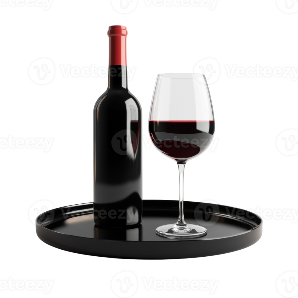 Red wine bottle and glass on a black tray. cut out png